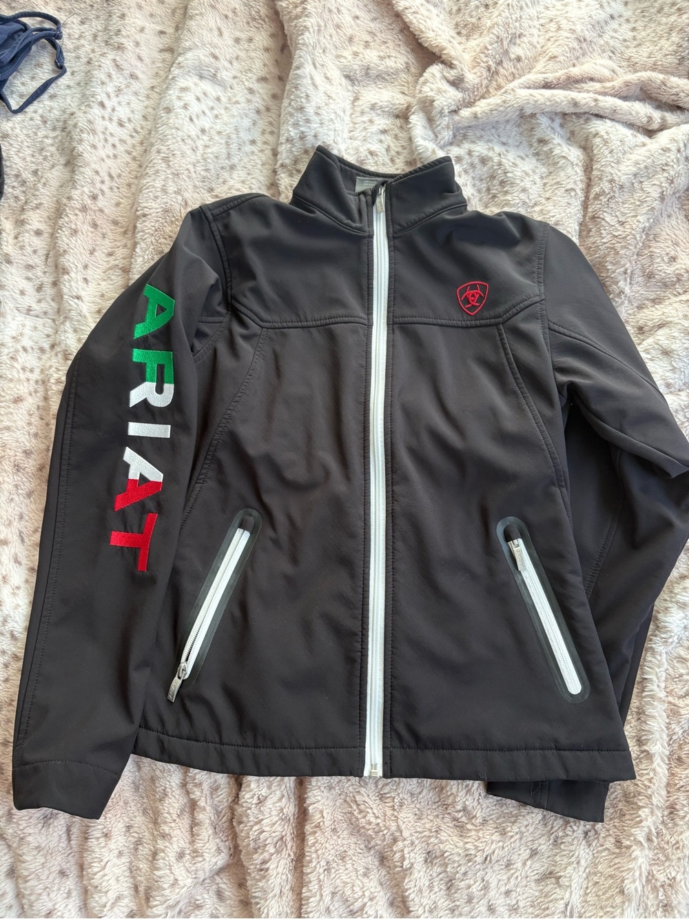Ariat Black Jacket with Red, Green, and White Sleeve Logo